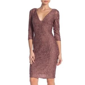 Marina Rinaldi Plunge Lace Sheath Dress 3/4 Sleeves Cafe-Brown Size 8